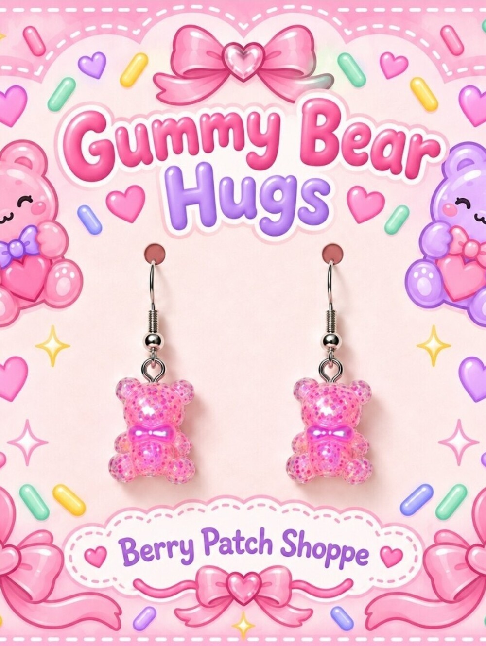 Kawaii Cute Gummy Bear Hugs Sparkly Pink Bow Hypoallergenic Earrings